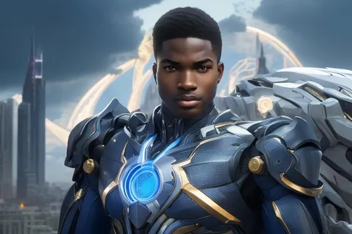 Prompt: 64K, centered position Full body of African young man, Brandon Routh, mecha armor, Mobile Legend, perfect eyes, beard, grey hair, symmetrical, lighting, detailed face, by makoto shinkai, stanley artgerm lau, wlop, rossdraws, concept art, digital painting, looking into camera, intricate ornament on his suit, castle background, colorful ambient, colorfull, HDR, 64K