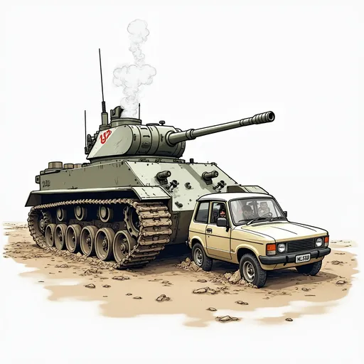 Prompt: Draw an image of a tank moving on muddy ground. The tank has a long track system that makes full contact with the ground, distributing its weight evenly and preventing it from sinking. The driver is seated inside the cabin, with smoke coming out from the exhaust pipe on top
Draw an image of a car moving on muddy ground. The car's small wheels are deeply sunk into the mud. The driver is sitting inside, showing difficulty as the car struggles to move due to the wheels being stuck