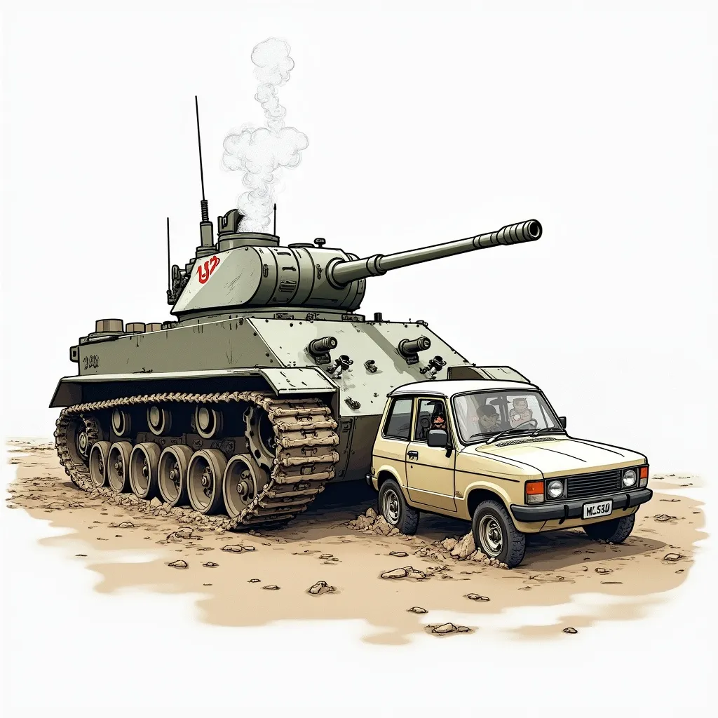 Prompt: Draw an image of a tank moving on muddy ground. The tank has a long track system that makes full contact with the ground, distributing its weight evenly and preventing it from sinking. The driver is seated inside the cabin, with smoke coming out from the exhaust pipe on top
Draw an image of a car moving on muddy ground. The car's small wheels are deeply sunk into the mud. The driver is sitting inside, showing difficulty as the car struggles to move due to the wheels being stuck