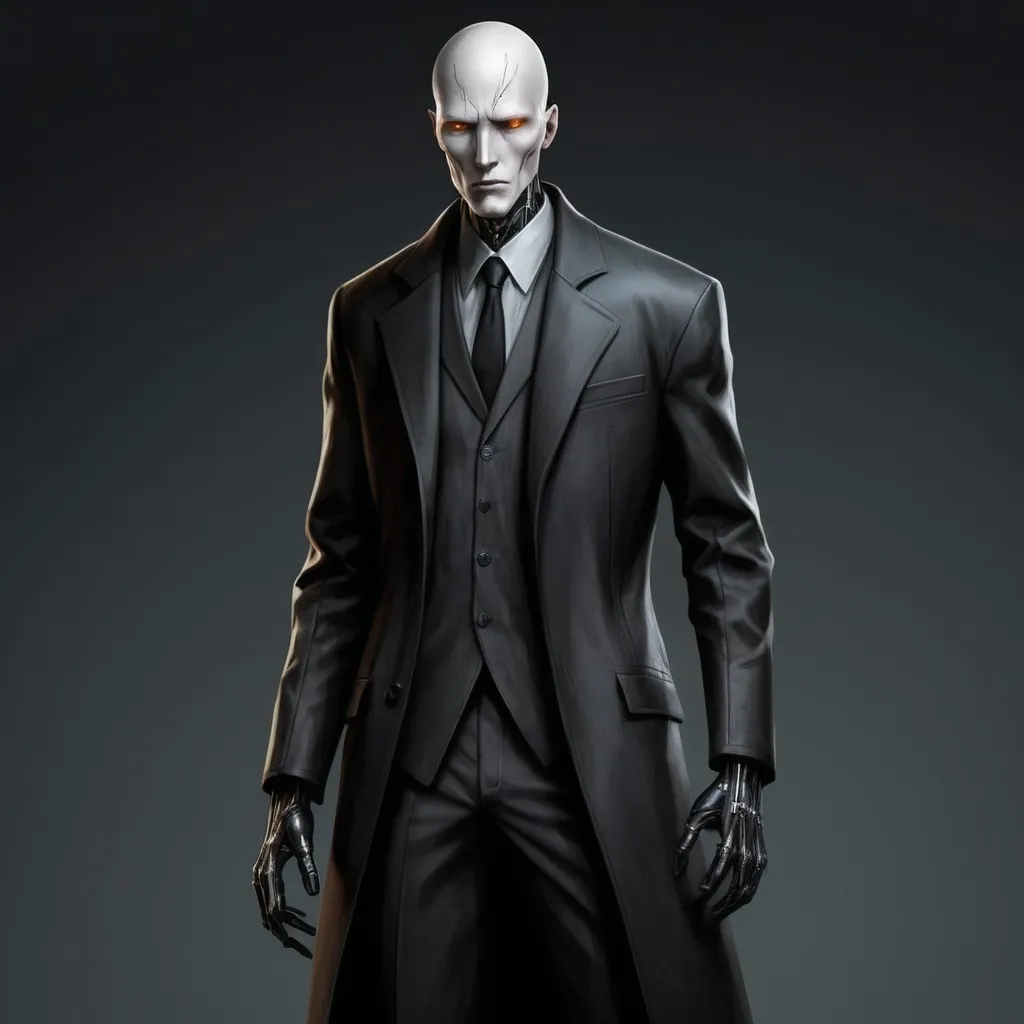 Prompt: Cyberpunk Character. 
Age: 38
Race: Human (numerous cyber implants, some illegal and experimental)
Appearance: Viktor is a tall, slender man with pale skin, under which traces of numerous surgeries are visible. His eyes have a synthetic, metallic glow, and his hands are entirely cybernetic, precise as surgical tools. He is always neatly, if modestly dressed - he prefers dark coats with numerous pockets for tools. He wears a tired, emotionless expression on his face, and his appearance contrasts with his brutal nature.