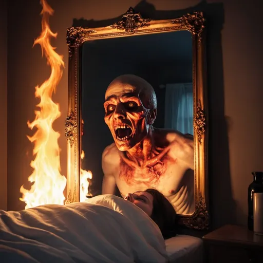 Prompt: Sleep paralysis with a firey hell in the mirror