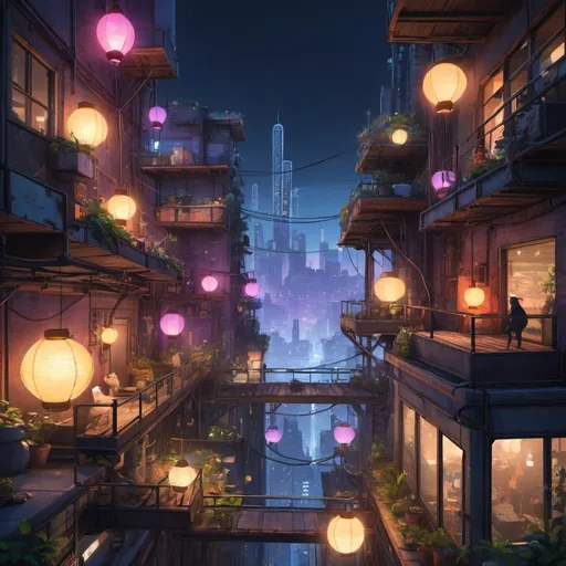 Prompt: A dreamlike world with multiple interconnected levels where people live, inspired by the cat game Stray. The scene features towering buildings and platforms, with the lower levels being shadowy and industrial, filled with pipes and cables. As you move upwards, the levels become brighter and more open, with neon lights, hanging lanterns, vibrant marketplaces, and serene rooftop gardens. The sky above is a mix of twilight hues, casting a magical glow over the entire scene.