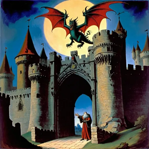 Prompt: Early medieval painting of a dying wizard standing in front of a castle gate, and a dragon is flying towards him from the sky