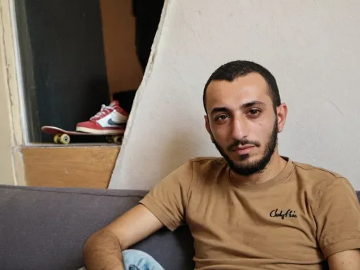 Prompt: a man sitting on a couch with a skateboard in the background and a skateboard on the ground, Chafik Charobim, les nabis, 150mp, a picture