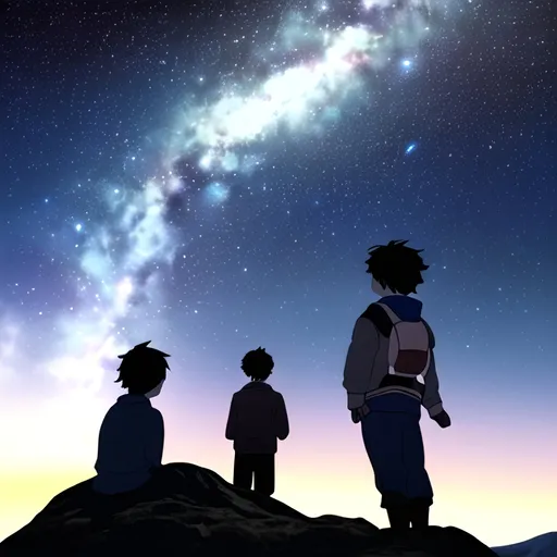 Prompt: A boy in the middle a big mountain in front of the boy, the boy is with a girl and another boy and they are looking at the sky which is filled with stars and a big galaxy.