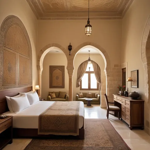 Prompt: Hotel bedroom, Jerusalem, traditional charm with modern style, minimal design, Jerusalem stone for the floor, olive wood furniture, a high ceiling with Jerusalem arcs, olive wood bed with luxurious curtains ,, silk wall coverings with subtle patterns, warm earthy colors, Islamic patterns, Middle Eastern elements and decoration tools, Jerusalem spirit, —ar 9:16 —v 6.0

