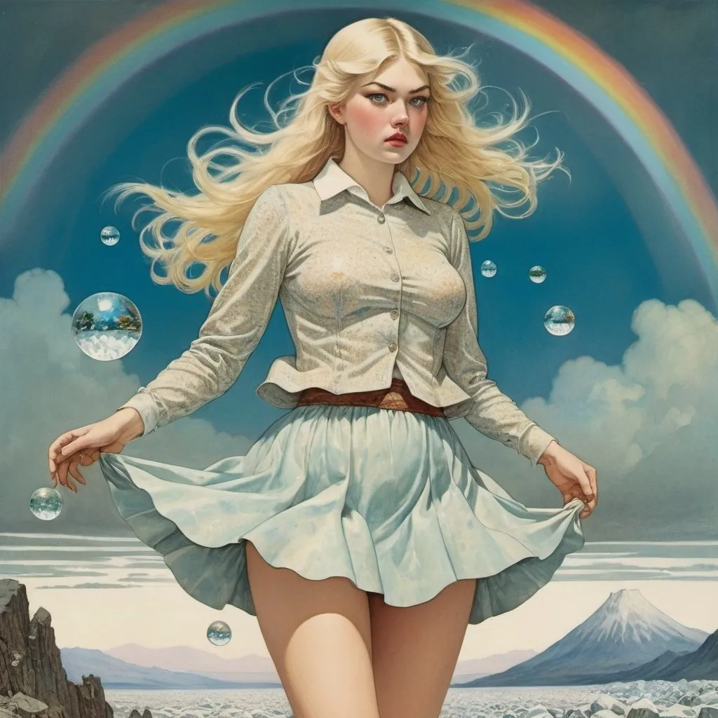 Prompt: Richard Dadd, Eleanor Vere Boyle, Edmund Dulac, Florence Kate Upton, Katharine Cameron, Surrealism, wonder, strange, bizarre, fantasy, Sci-fi, Japanese Anime, rain that connects the sky and the earth, a rainbow of ice crystals and a blonde miniskirt beautiful girl Alice, perfect voluminous body, detailed masterpiece