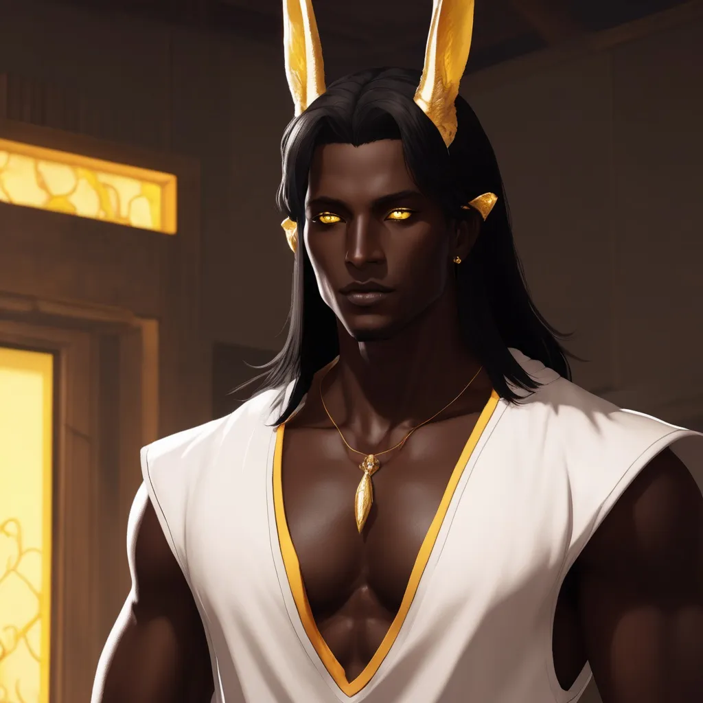 Prompt: dark skinned male viera with black hair and yellow eyes