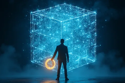 Prompt: Siluete of a man holding a golden glowing lasso facing a big swarm of light blue pop ups representing data which are in a big cube shape in front of him, dark background