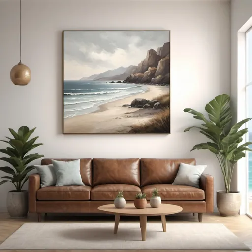 Prompt: Generate an image of a large canvas painting featuring a serene, minimalist coastal landscape. The painting should depict a calm shoreline with gentle waves meeting the sand, and rugged mountains in the background. Use a muted color palette with shades of beige, brown, and gray. The artwork should have a textured, oil-painting style and be placed in a modern, well-lit room with a grand piano and a potted plant nearby.s 