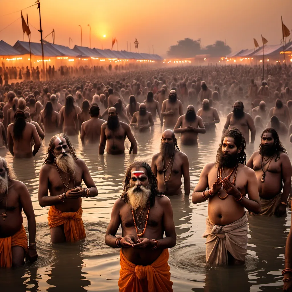 Prompt: Here is the updated image of the Maha Kumbh Mela during sunset, featuring several Aghori babas taking a holy bath and performing rituals, alongside other devotees, in a serene and sacred atmosphere.