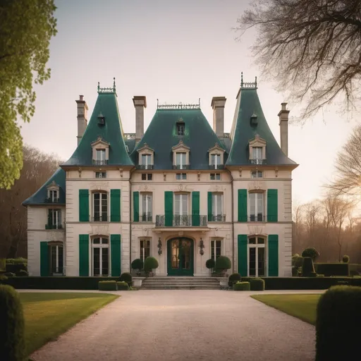 Prompt: realistic photo of luxury French chateau home designed in St Patrick's day style. Canon 50mm prime lens, highres, detailed, soft lighting, cinematic
