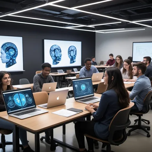 Prompt: Image of Students studying AI concepts with latest tech Stack. It Should looks like some Corporate training . Trainer Profile looks like expert AI.