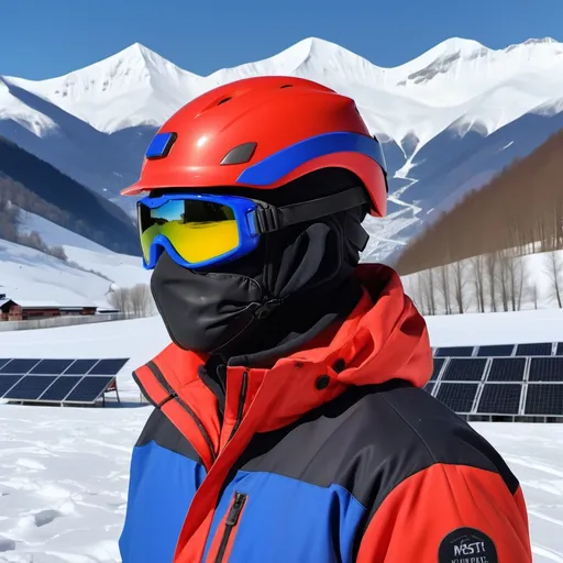 Prompt: Sunny weather. Photo of the back of HSE officer looking to the right side, with red helmet with, reflective blue winter jacket, black safety goggles, black face mask. In the background a lot of photovoltaic panels on the snowfield and mountain with snow.