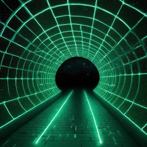 Prompt: Create a scene from the astral plane. This scene must include a tunnel-like structure encased in a grid pattern of a vibrant green color. Outside of the tunnel are thousands of stars or points of light.