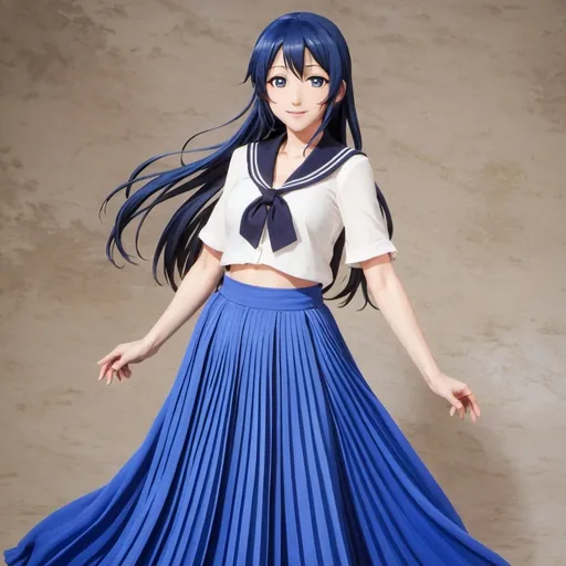 Prompt: Love Live anime Umi Sonoda wearing a maxi long floor-length pleated skirt that is very long.