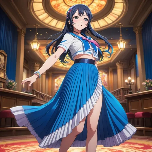 Prompt: Love Live anime Umi Sonoda wearing a maxi long floor-length pleated skirt that is very long.