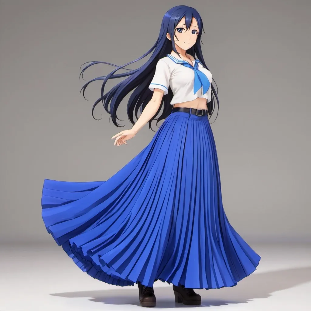 Prompt: Love Live anime Umi Sonoda wearing a maxi long floor-length pleated skirt that is very long.