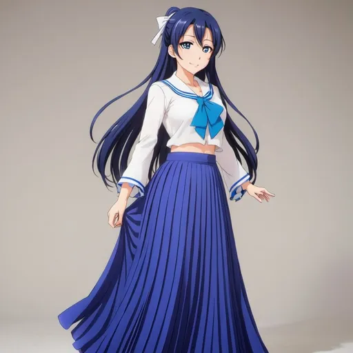 Prompt: Love Live anime Umi Sonoda wearing a maxi long floor-length pleated skirt that is very long.