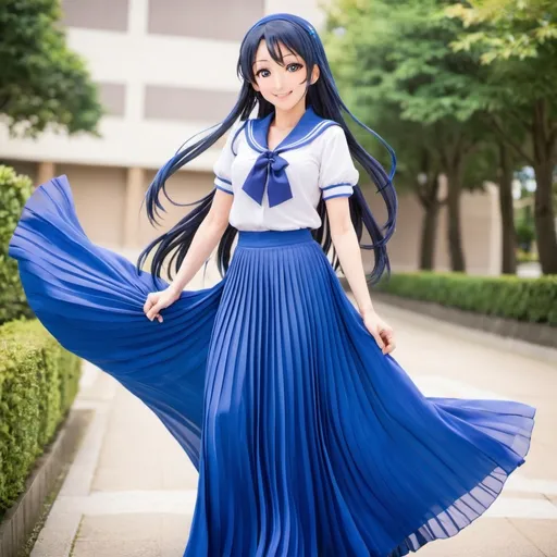 Prompt: Love Live anime Umi Sonoda wearing a maxi long floor-length pleated skirt that is very long.