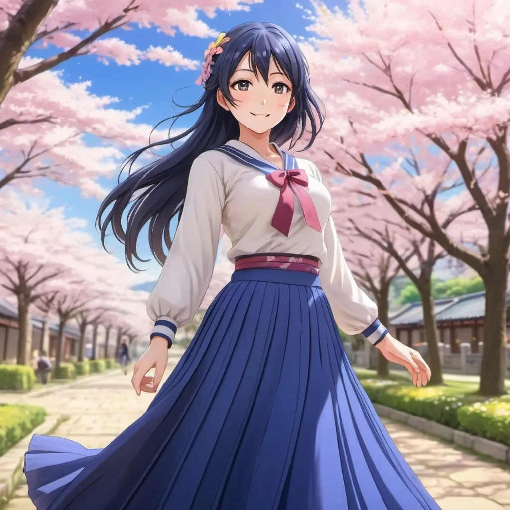 Prompt: Love Live anime Umi Sonoda wearing a maxi long floor-length pleated skirt that is very long.