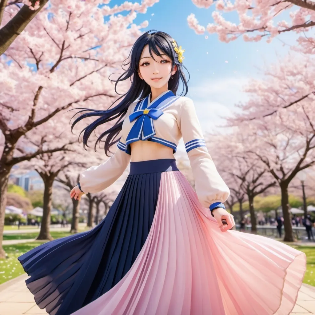 Prompt: Love Live anime Umi Sonoda wearing a maxi long floor-length pleated skirt that is very long.