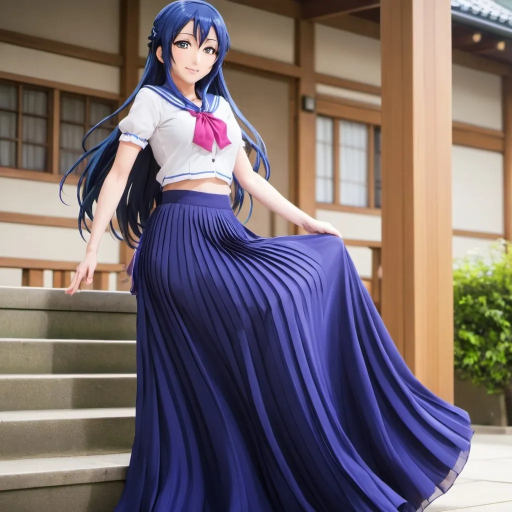 Prompt: Love Live anime Umi Sonoda wearing a maxi long floor-length pleated skirt that is very long.