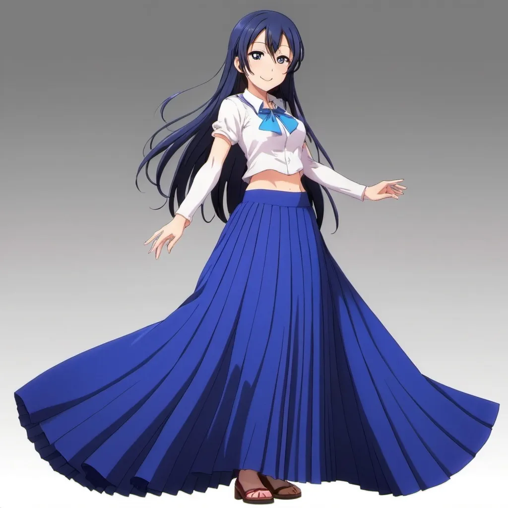 Prompt: Love Live anime Umi Sonoda wearing a maxi long floor-length pleated skirt that is very long.