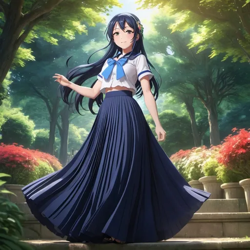 Prompt: Love Live anime Umi Sonoda wearing a maxi long floor-length pleated skirt that is very long.