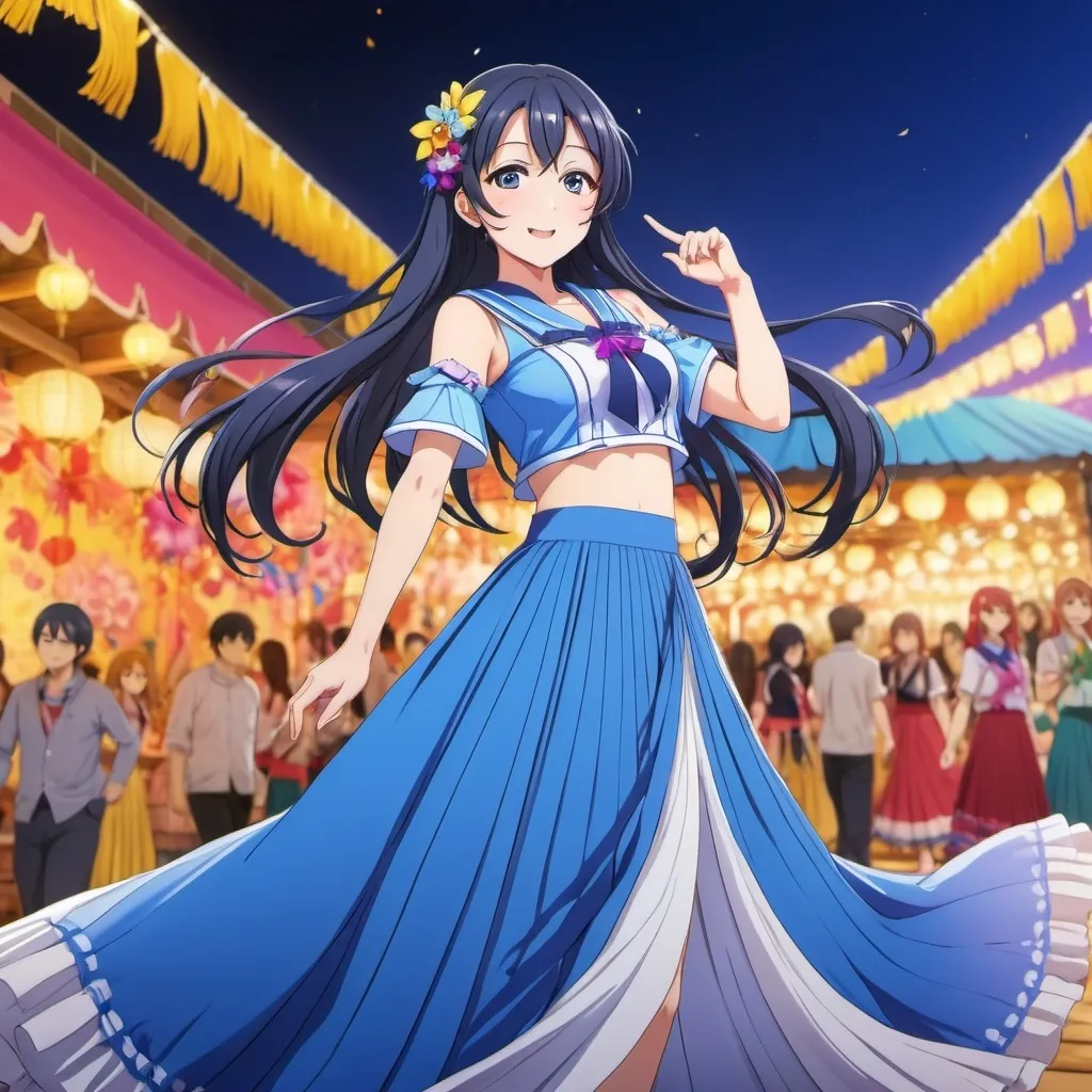 Prompt: Love Live anime Umi Sonoda wearing a maxi long floor-length pleated skirt that is very long.