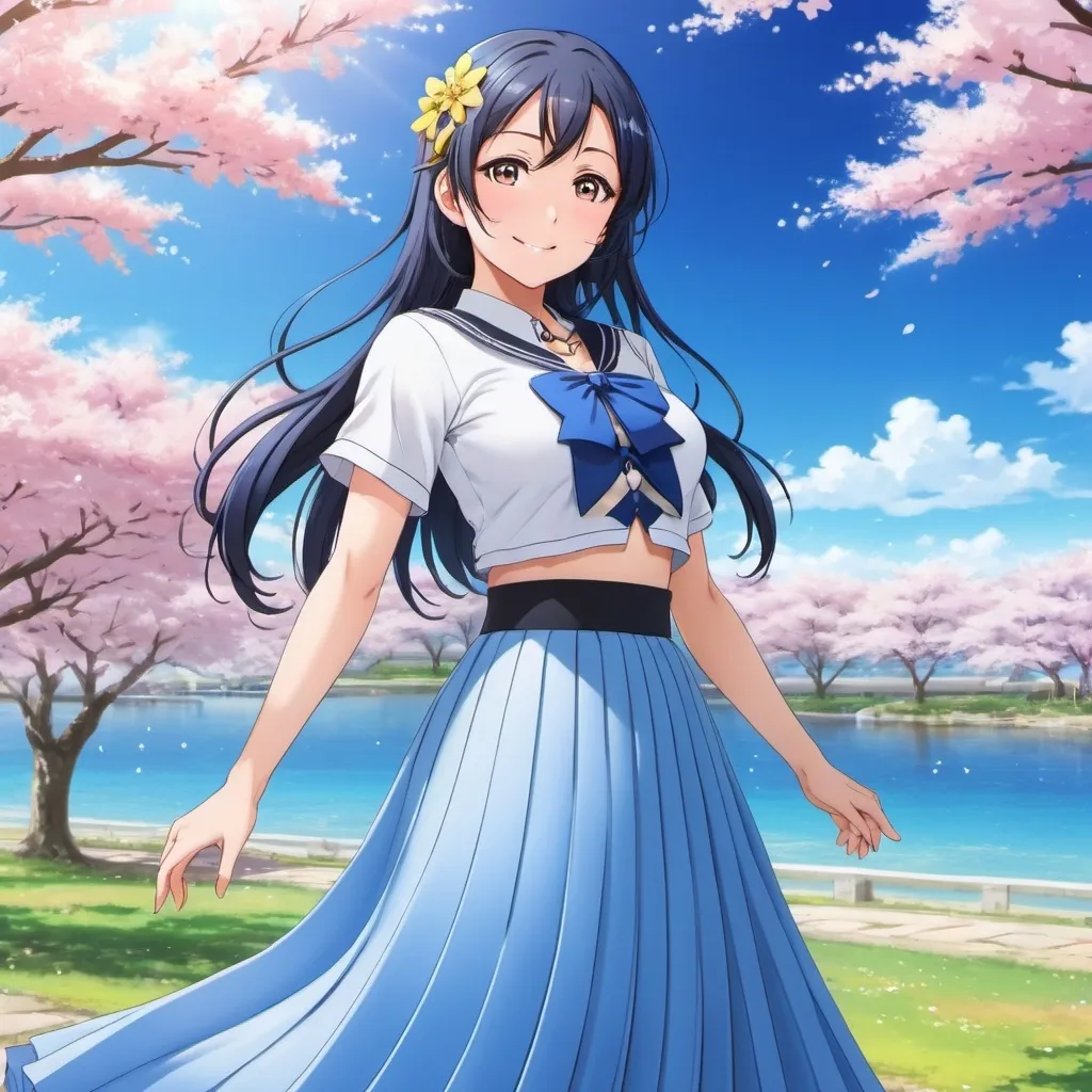 Prompt: Love Live anime Umi Sonoda wearing a maxi long floor-length pleated skirt that is very long.