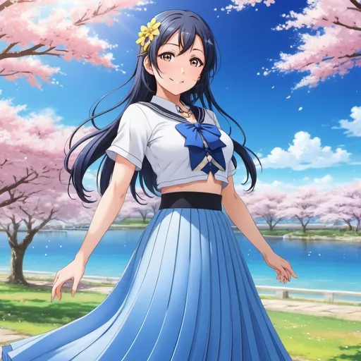 Prompt: Love Live anime Umi Sonoda wearing a maxi long floor-length pleated skirt that is very long.