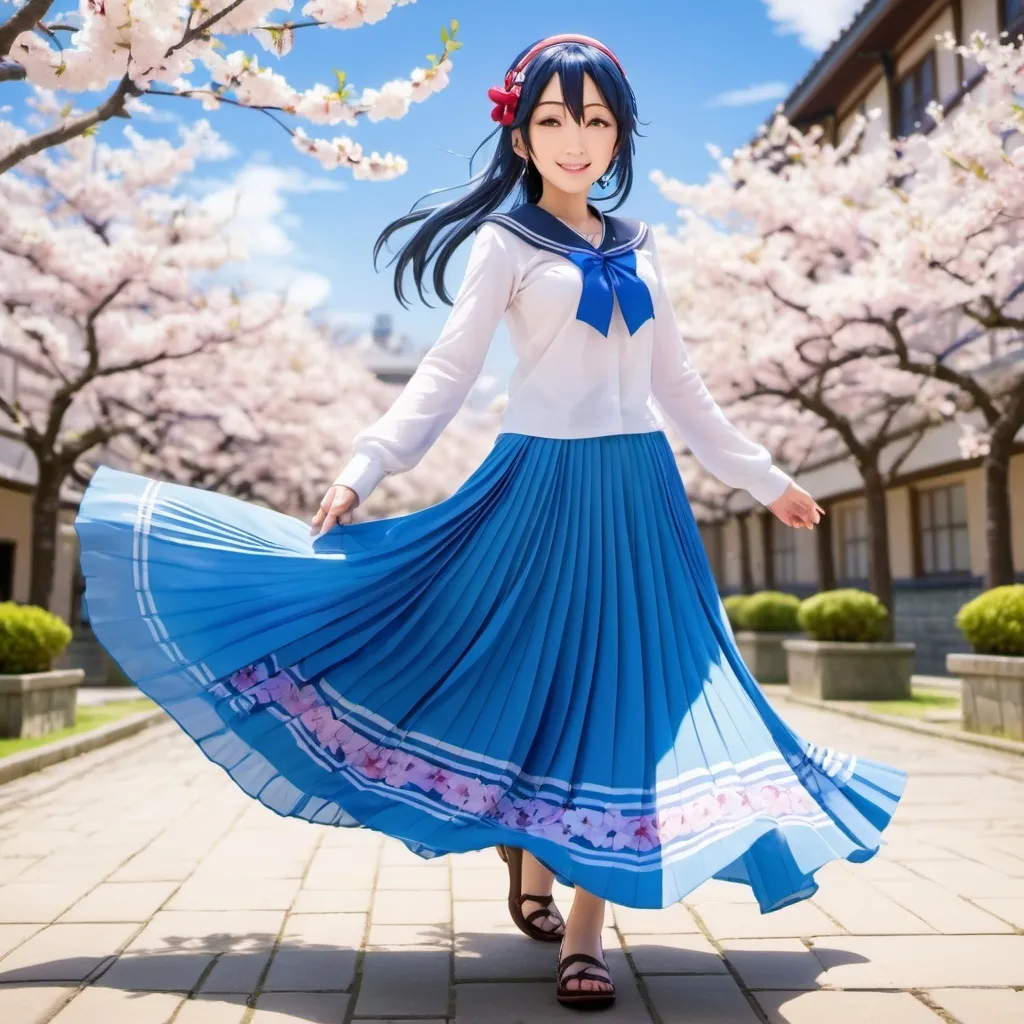 Prompt: Love Live anime Umi Sonoda wearing a maxi long floor-length pleated skirt that is very long.