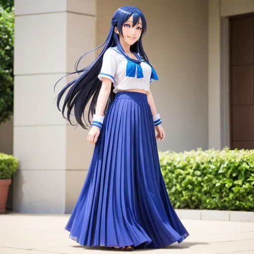 Prompt: Love Live anime Umi Sonoda wearing a maxi long floor-length pleated skirt that is very long.