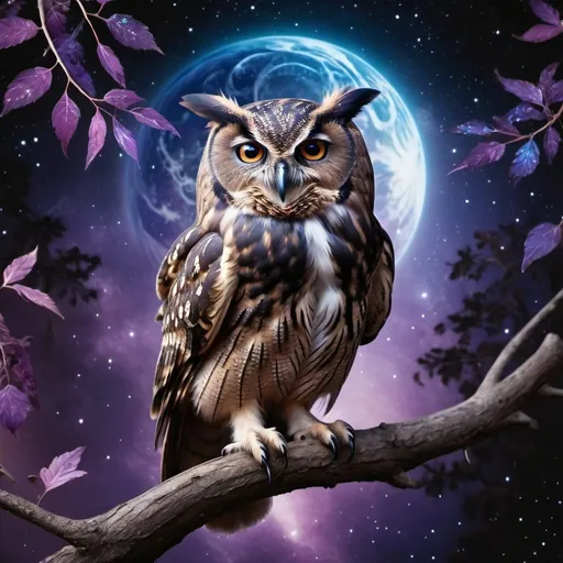 Prompt: A dark, spooky owl with a gentle galaxy background with earth glowing behind the owl. The owl is sitting on a luxurious twig with beautiful purple and blue leaves. The owl is spreading open one wing.