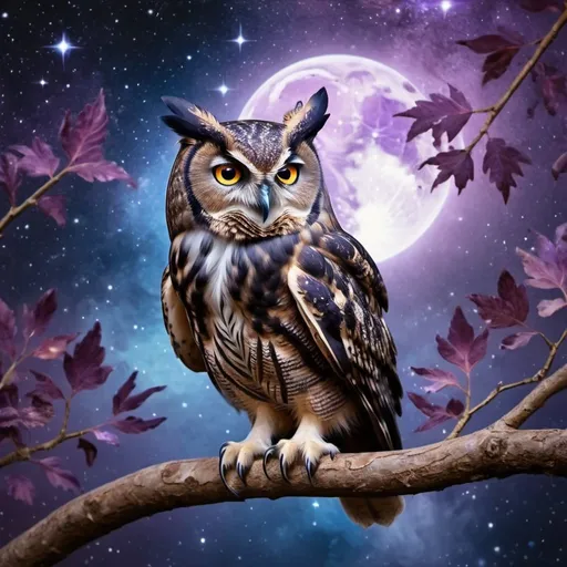 Prompt: A dark, spooky owl with a gentle galaxy background with earth behind the owl. The owl is sitting on a luxurious twig with beautiful purple and blue leaves. The owl is spreading open one wing.