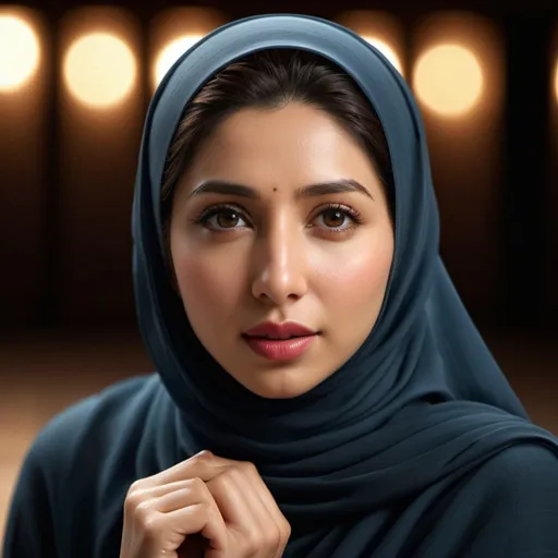 Prompt: Photorealistic beautiful mahira khan in hijab kneeling, incredible composition, chiaroscuro lighting, octane render, 8K resolution, photorealistic concept, soft natural light, volumetric lighting, cinematic aesthetic, symmetrical perfect eyes, hyper detailed, ultra real, 32k, photographic quality, soft skin, hyper realistic, studio lighting, detailed skin, ultra realistic, bokeh, sharp features
