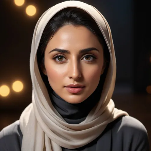 Prompt: Photorealistic beautiful nazanin boniadi in hijab kneeling, incredible composition, chiaroscuro lighting, octane render, 8K resolution, photorealistic concept, soft natural light, volumetric lighting, cinematic aesthetic, symmetrical perfect eyes, hyper detailed, ultra real, 32k, photographic quality, soft skin, hyper realistic, studio lighting, detailed skin, ultra realistic, bokeh, sharp features
