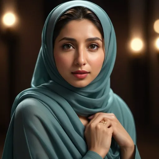 Prompt: Photorealistic beautiful mahira khan in hijab kneeling, incredible composition, chiaroscuro lighting, octane render, 8K resolution, zoomed out, photorealistic concept, soft natural light, volumetric lighting, cinematic aesthetic, symmetrical perfect eyes, hyper detailed, ultra real, 32k, photographic quality, soft skin, hyper realistic, studio lighting, detailed skin, ultra realistic, bokeh, sharp features
