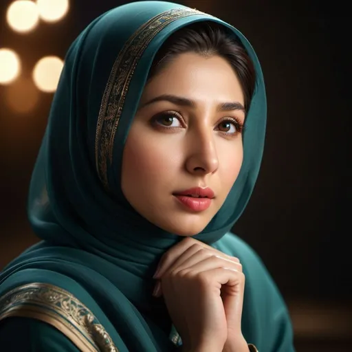 Prompt: zoomed out, Photorealistic beautiful mahira khan in hijab kneeling, incredible composition, chiaroscuro lighting, octane render, 8K resolution, photorealistic concept, soft natural light, volumetric lighting, cinematic aesthetic, symmetrical perfect eyes, hyper detailed, ultra real, 32k, photographic quality, soft skin, hyper realistic, studio lighting, detailed skin, ultra realistic, bokeh, sharp features
