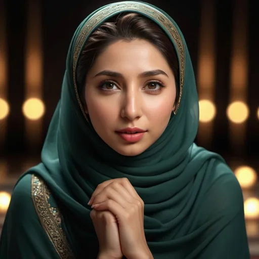 Prompt: zoomed out, Photorealistic beautiful mahira khan in hijab kneeling, incredible composition, chiaroscuro lighting, octane render, 8K resolution, photorealistic concept, soft natural light, volumetric lighting, cinematic aesthetic, symmetrical perfect eyes, hyper detailed, ultra real, 32k, photographic quality, soft skin, hyper realistic, studio lighting, detailed skin, ultra realistic, bokeh, sharp features
