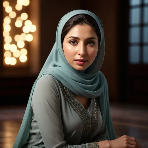 Prompt: Photorealistic beautiful mahira khan in hijab kneeling, incredible composition, chiaroscuro lighting, octane render, 8K resolution, photorealistic concept, soft natural light, volumetric lighting, cinematic aesthetic, symmetrical perfect eyes, hyper detailed, ultra real, 32k, photographic quality, soft skin, hyper realistic, studio lighting, detailed skin, ultra realistic, bokeh, sharp features
