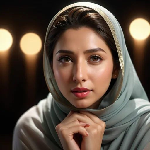 Prompt: Photorealistic beautiful mahira khan in hijab kneeling, incredible composition, chiaroscuro lighting, octane render, 8K resolution, photorealistic concept, soft natural light, volumetric lighting, cinematic aesthetic, symmetrical perfect eyes, hyper detailed, ultra real, 32k, photographic quality, soft skin, hyper realistic, studio lighting, detailed skin, ultra realistic, bokeh, sharp features
