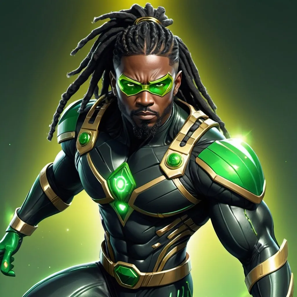 Prompt: Black male hero, muscular, long green dreadlocks, green goatee, black cyber ninja suit gold trim, green greeves gold trim, green boots gold trim,  cosmic powers 4k resolution, highly detailed 