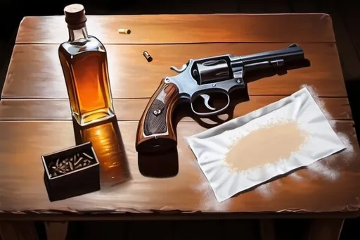 Prompt: Wooden table. On it are revolver, empty bottle of whisky, little bag with white powder in it. Generate it as seen from above. Light is dim. Make it realistic or like oil paintings.