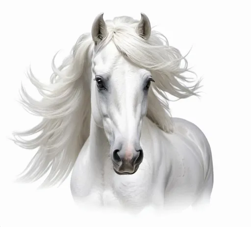 Prompt: Little white female horse, black background, A horse with flying hair