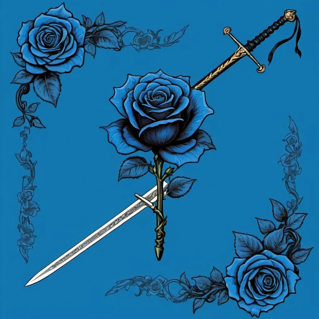 Prompt: A black background with a blue rose and sword