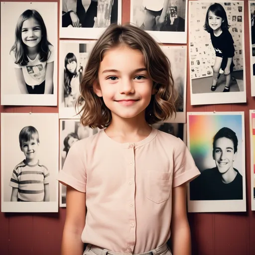 Prompt: photo of pretty kid smirking, standing in front of posters wall, polaroid effect