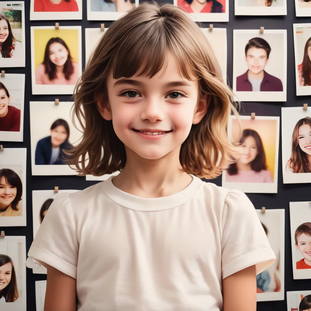 Prompt: photo of pretty kid smirking, standing in front of posters wall, polaroid effect