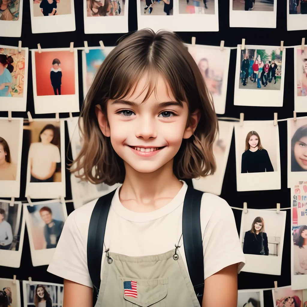 Prompt: photo of pretty kid smirking, standing in front of posters wall, polaroid effect